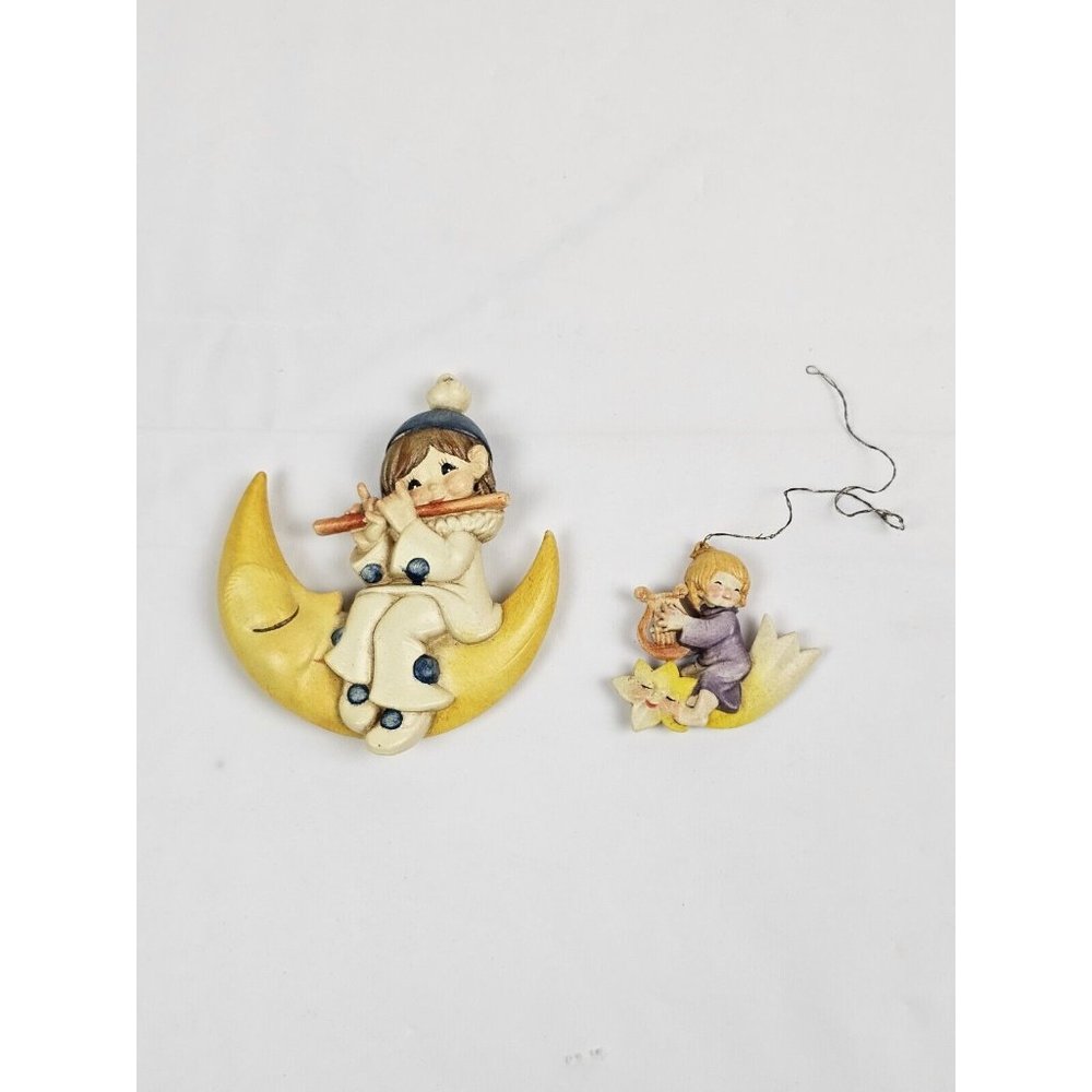 VTG Anri Hand Carved Wooden Christmas Ornament Cresent‎ Moon & Shooting Star